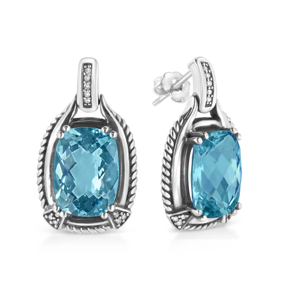 .925 Sterling Silver 14x10MM Cushion Cut Blue Topaz Gemstone and Diamond Accent Dangle Earring (I-J Color, I1-I2 Clarity) - Bijoux-NYC Direct