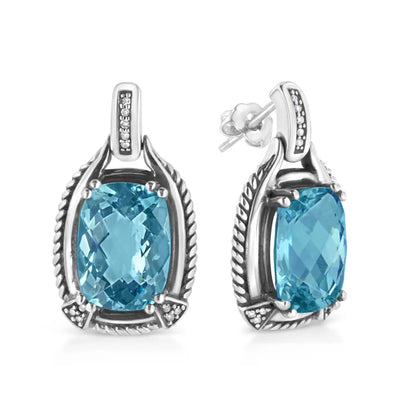 .925 Sterling Silver 14x10MM Cushion Cut Blue Topaz Gemstone and Diamond Accent Dangle Earring (I-J Color, I1-I2 Clarity) - Bijoux-NYC Direct