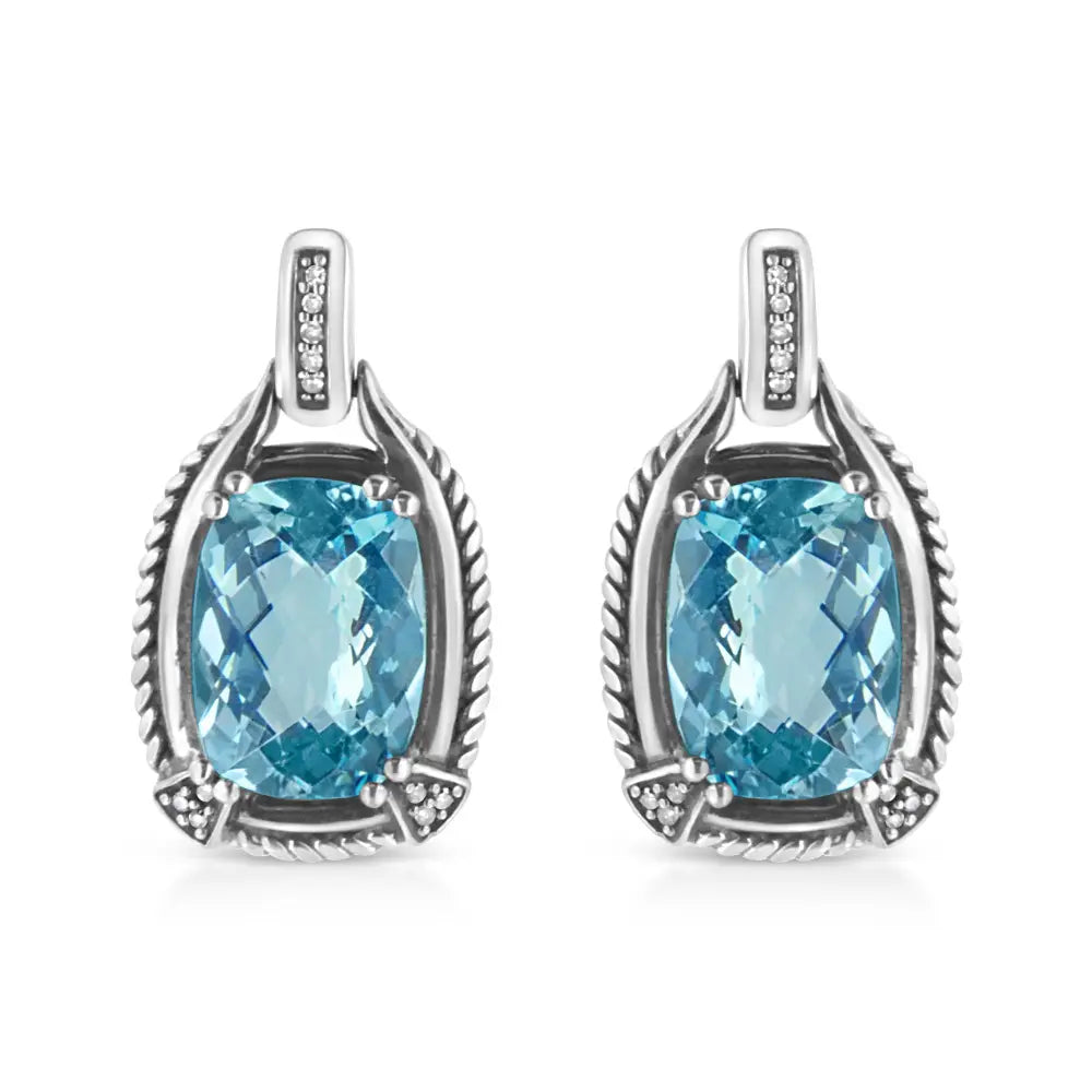 Cushion blue topaz and diamond dangle earrings in sterling silver bijoux-nyc direct
