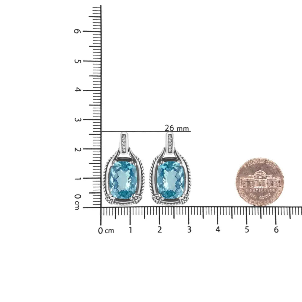 Cushion blue topaz and diamond dangle earrings in sterling silver bijoux-nyc direct