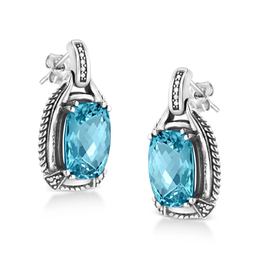 .925 Sterling Silver 14x10MM Cushion Cut Blue Topaz Gemstone and Diamond Accent Dangle Earring (I-J Color, I1-I2 Clarity) - Bijoux-NYC Direct