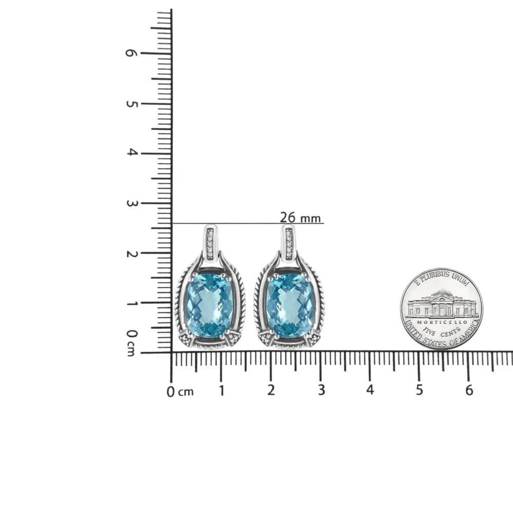 .925 Sterling Silver 14x10MM Cushion Cut Blue Topaz Gemstone and Diamond Accent Dangle Earring (I-J Color, I1-I2 Clarity) - Bijoux-NYC Direct