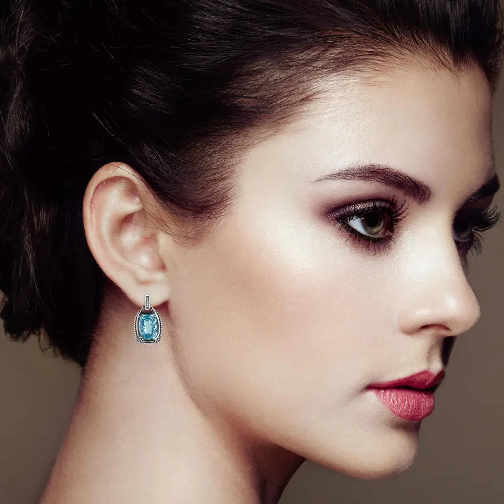 Cushion blue topaz and diamond dangle earrings in sterling silver bijoux-nyc direct
