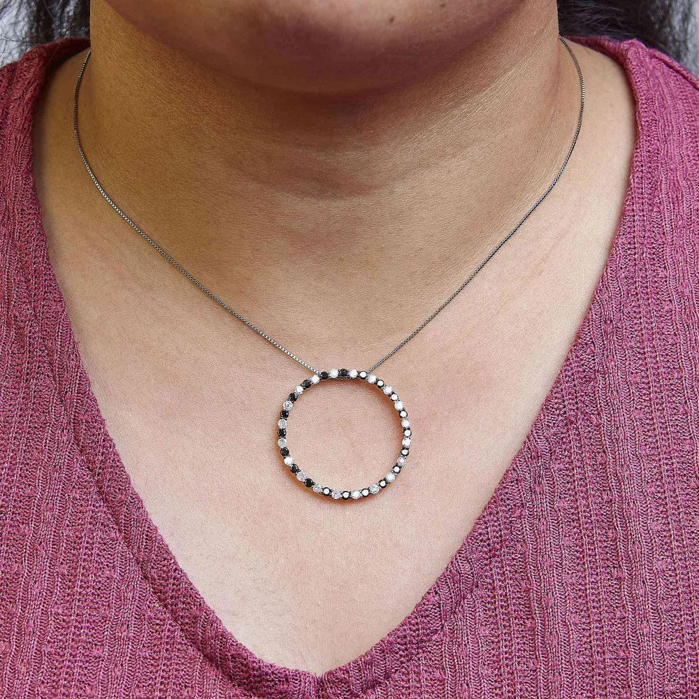 .925 sterling silver 2.0 cttw alternating black and white diamond open hoop circle pendant necklace (h i color i2 i3 clarity)