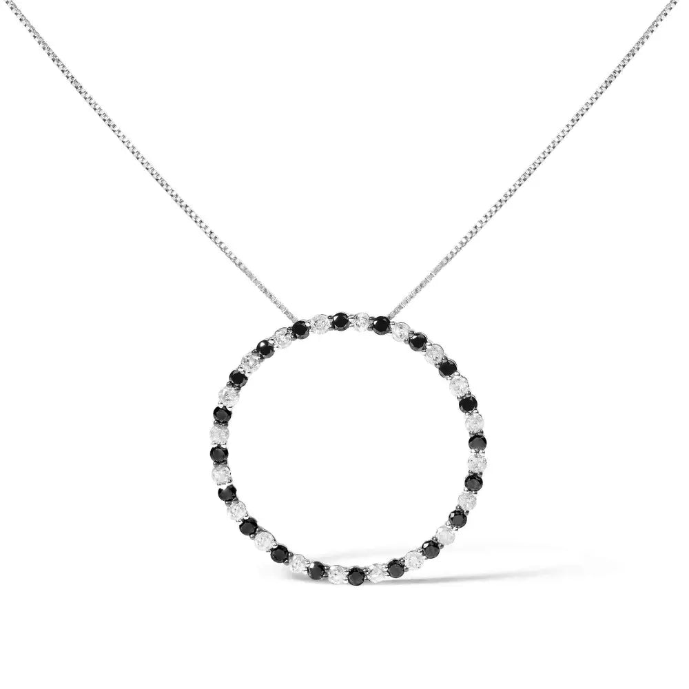 .925 sterling silver 2.0 cttw alternating black and white diamond open hoop circle pendant necklace (h i color i2 i3 clarity)