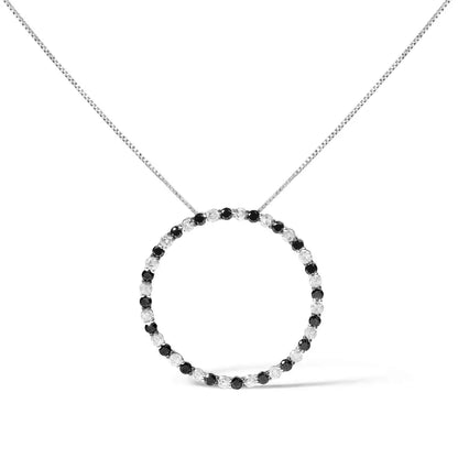 .925 sterling silver 2.0 cttw alternating black and white diamond open hoop circle pendant necklace (h i color i2 i3 clarity)