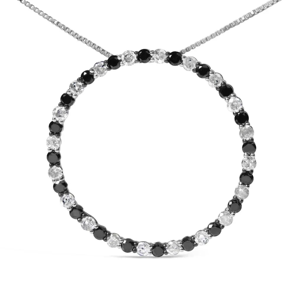 .925 sterling silver 2.0 cttw alternating black and white diamond open hoop circle pendant necklace (h i color i2 i3 clarity)