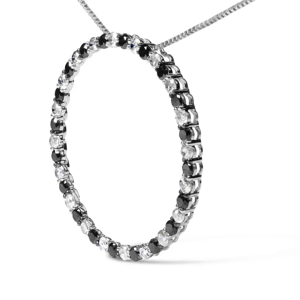 .925 sterling silver 2.0 cttw alternating black and white diamond open hoop circle pendant necklace (h i color i2 i3 clarity)