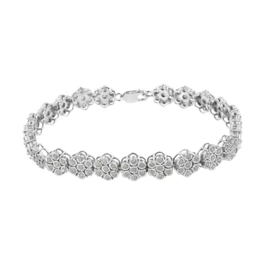 .925 Sterling Silver 2.0 cttw Diamond 7 Stone Floral Cluster Link Bracelet (I-J Color, I3 Clarity) -7.25" - Bijoux-NYC Direct
