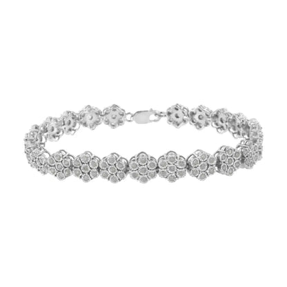 .925 Sterling Silver 2.0 cttw Diamond 7 Stone Floral Cluster Link Bracelet (I-J Color, I3 Clarity) -7.25" - Bijoux-NYC Direct