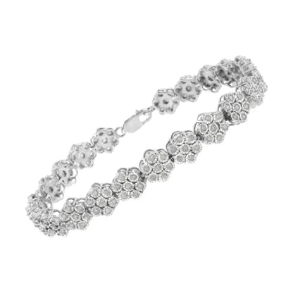 .925 Sterling Silver 2.0 cttw Diamond 7 Stone Floral Cluster Link Bracelet (I-J Color, I3 Clarity) -7.25" - Bijoux-NYC Direct