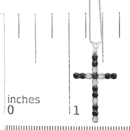 .925 sterling silver 2.0 cttw prong set round natural treated black and white diamond cross pendant necklace 18’’ (black/h