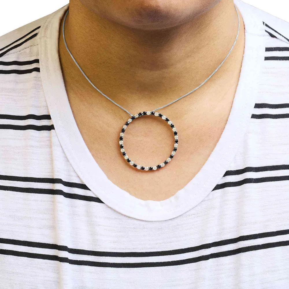 .925 sterling silver 3.0 cttw alternating black and white diamond open hoop circle pendant necklace (h i color i3 clarity) 18’’