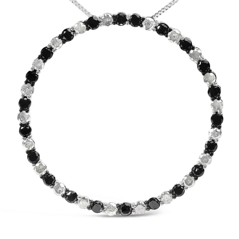 .925 sterling silver 3.0 cttw alternating black and white diamond open hoop circle pendant necklace (h i color i3 clarity) 18’’