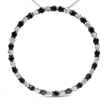 .925 sterling silver 3.0 cttw alternating black and white diamond open hoop circle pendant necklace (h i color i3 clarity) 18’’
