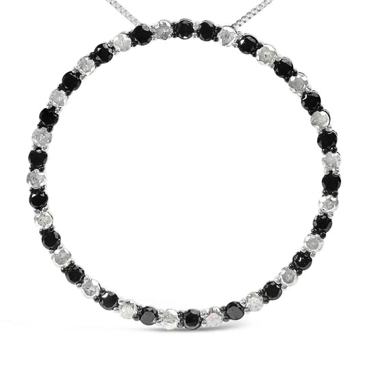 .925 sterling silver 3.0 cttw alternating black and white diamond open hoop circle pendant necklace (h i color i3 clarity) 18’’