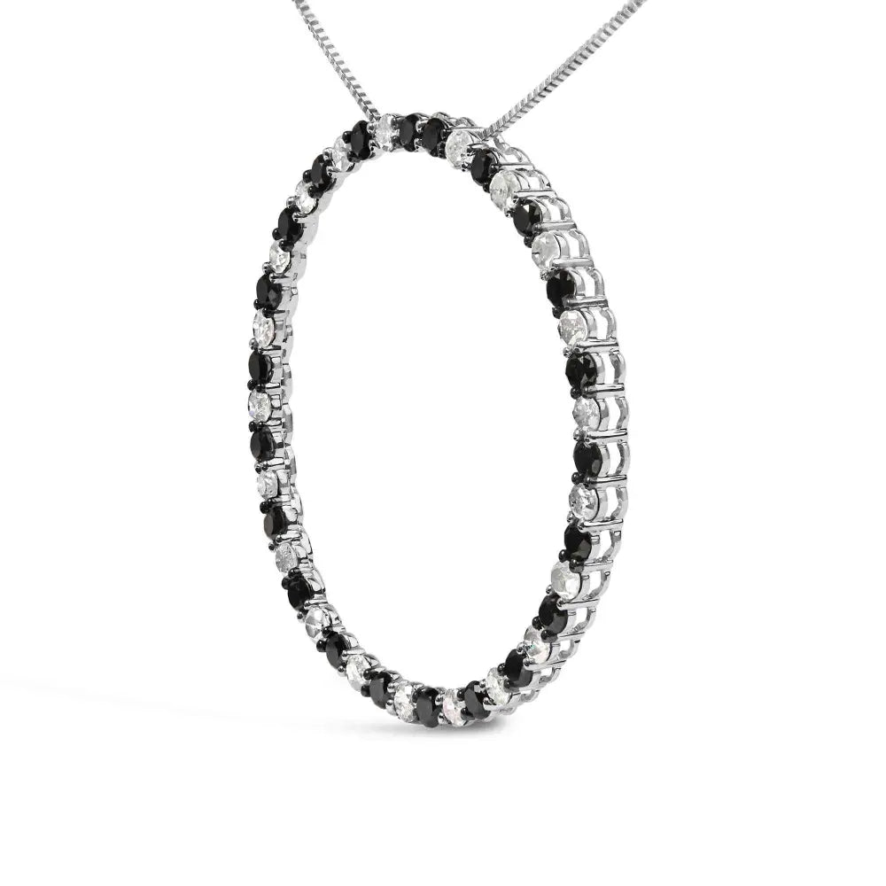 .925 sterling silver 3.0 cttw alternating black and white diamond open hoop circle pendant necklace (h i color i3 clarity) 18’’
