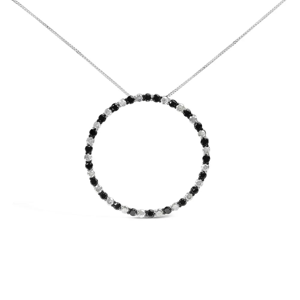 .925 sterling silver 3.0 cttw alternating black and white diamond open hoop circle pendant necklace (h i color i3 clarity) 18’’