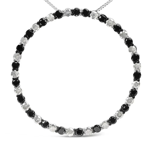 .925 sterling silver 3.0 cttw alternating black and white diamond open hoop circle pendant necklace (h-i color i3