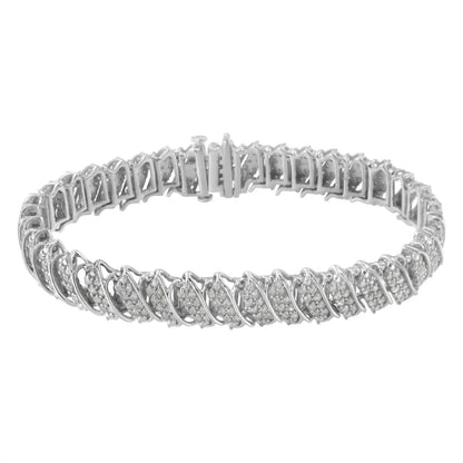 .925 Sterling Silver 3.0 Cttw Diamond Multi Row Cluster Slanted Wave Link 7-¼” Tennis Bracelet (I-J Color, I2-I3 Clarity) - Bijoux-NYC Direct