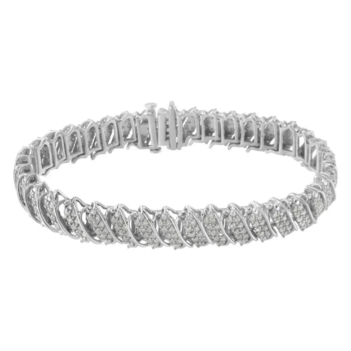 .925 sterling silver 3.0 cttw diamond multi row cluster slanted wave link 7-¼” tennis bracelet (i-j color i2-i3