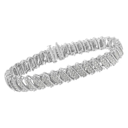 .925 Sterling Silver 3.0 Cttw Diamond Multi Row Cluster Slanted Wave Link 7-¼” Tennis Bracelet (I-J Color, I2-I3 Clarity) - Bijoux-NYC Direct