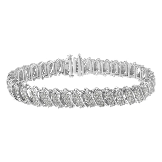 .925 Sterling Silver 3.0 Cttw Diamond Multi Row Cluster Slanted Wave Link 7-¼” Tennis Bracelet (I-J Color, I2-I3 Clarity) - Bijoux-NYC Direct