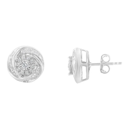 .925 Sterling Silver 3/4 Cttw Round and Baguette-Cut Diamond Love Knot Stud Earring (I-J Color, I2-I3 Clarity) - Bijoux-NYC Direct