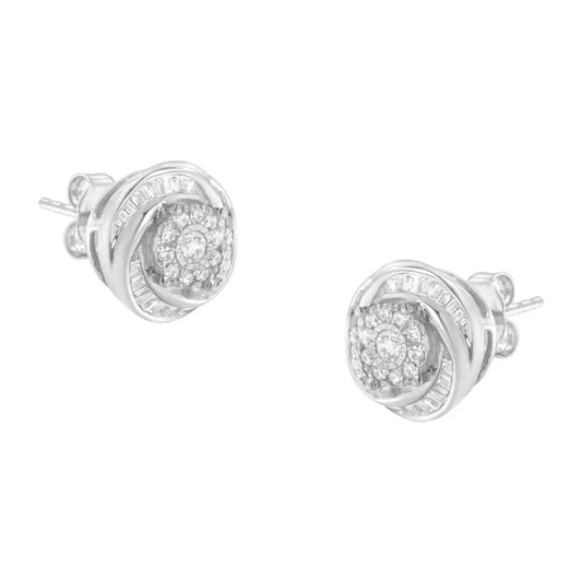 .925 Sterling Silver 3/4 Cttw Round and Baguette-Cut Diamond Love Knot Stud Earring (I-J Color, I2-I3 Clarity) - Bijoux-NYC Direct