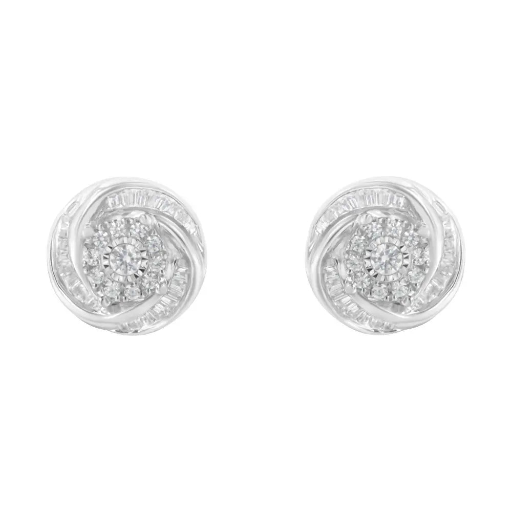 .925 Sterling Silver 3/4 Cttw Round and Baguette-Cut Diamond Love Knot Stud Earring (I-J Color, I2-I3 Clarity) - Bijoux-NYC Direct