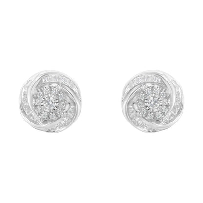 .925 Sterling Silver 3/4 Cttw Round and Baguette-Cut Diamond Love Knot Stud Earring (I-J Color, I2-I3 Clarity) - Bijoux-NYC Direct