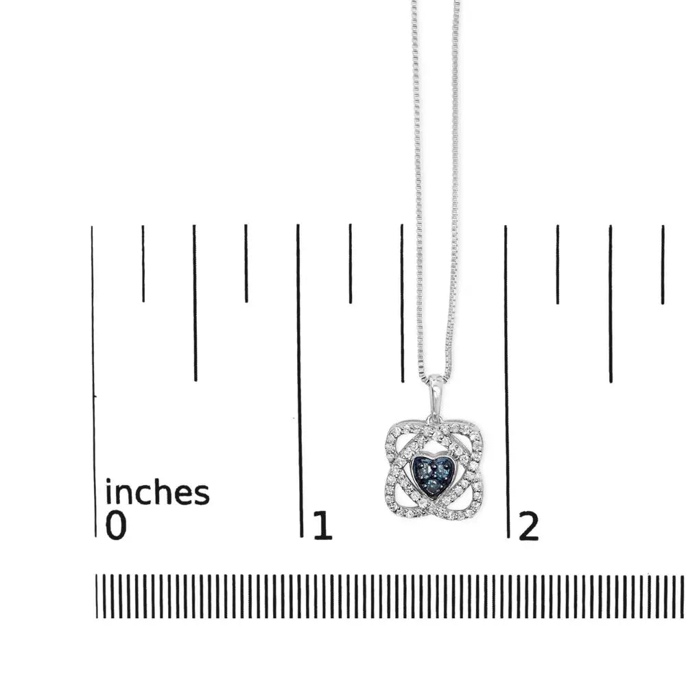 .925 sterling silver 3/8 cttw blue diamond heart and woven halo 18’’ pendant necklace (blue color i1 i2 clarity)