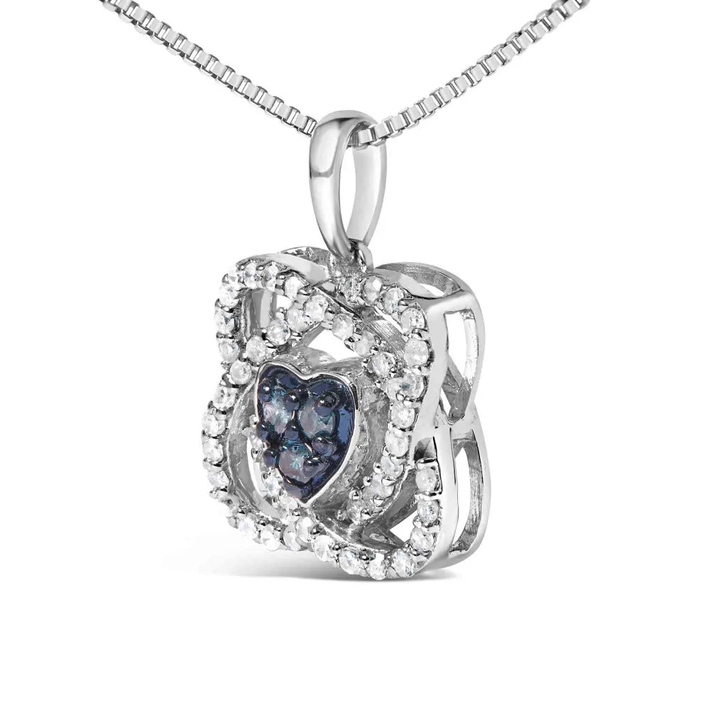.925 sterling silver 3/8 cttw blue diamond heart and woven halo 18’’ pendant necklace (blue color i1 i2 clarity)