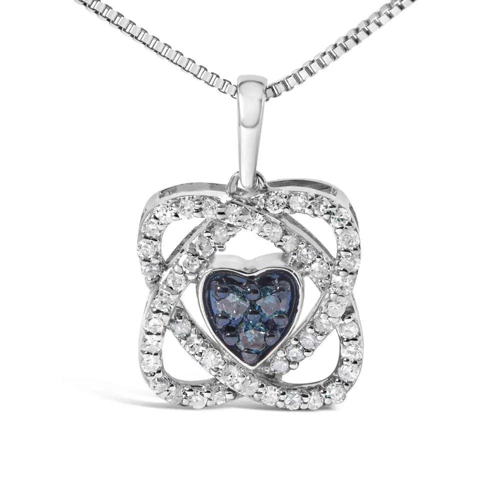 .925 sterling silver 3/8 cttw blue diamond heart and woven halo 18’’ pendant necklace (blue color i1 i2 clarity)