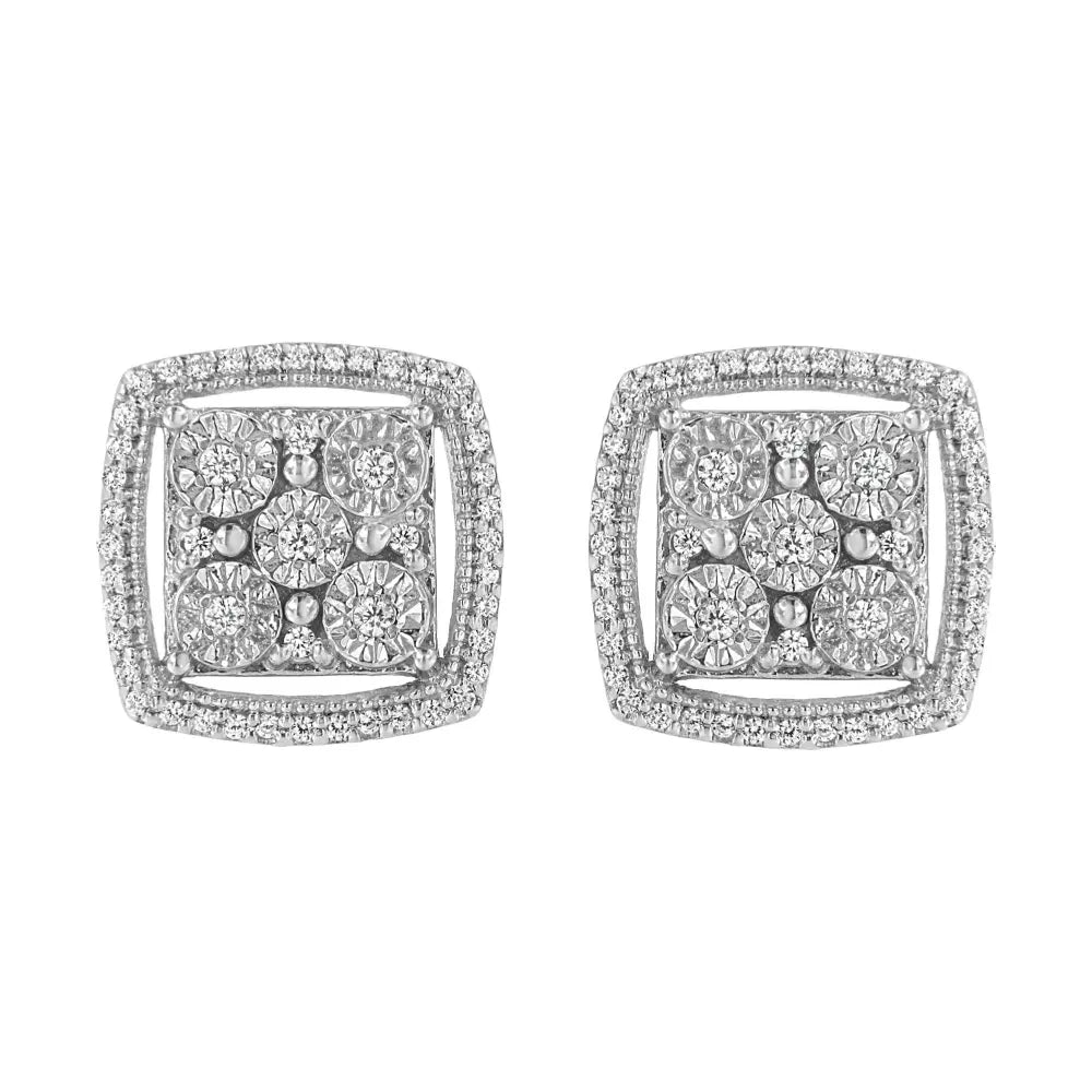 .925 Sterling Silver 3/8 Cttw Miracle Set Round Diamond Double Halo Cluster Earrings (I-J Color, I2-I3 Clarity) - Bijoux-NYC Direct