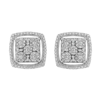 .925 Sterling Silver 3/8 Cttw Miracle Set Round Diamond Double Halo Cluster Earrings (I-J Color, I2-I3 Clarity) - Bijoux-NYC Direct