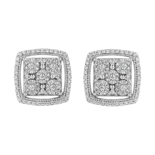 .925 Sterling Silver 3/8 Cttw Miracle Set Round Diamond Double Halo Cluster Earrings (I-J Color, I2-I3 Clarity) - Bijoux-NYC Direct