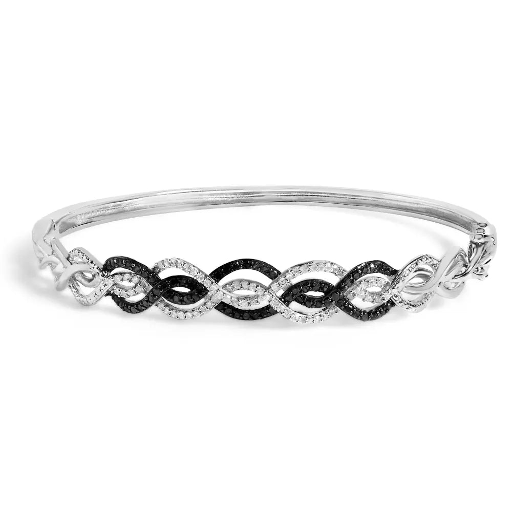 .925 sterling silver 3/8 cttw white and black diamond swirl bangle bracelet (black color i3 clarity) 7.75’’ inches