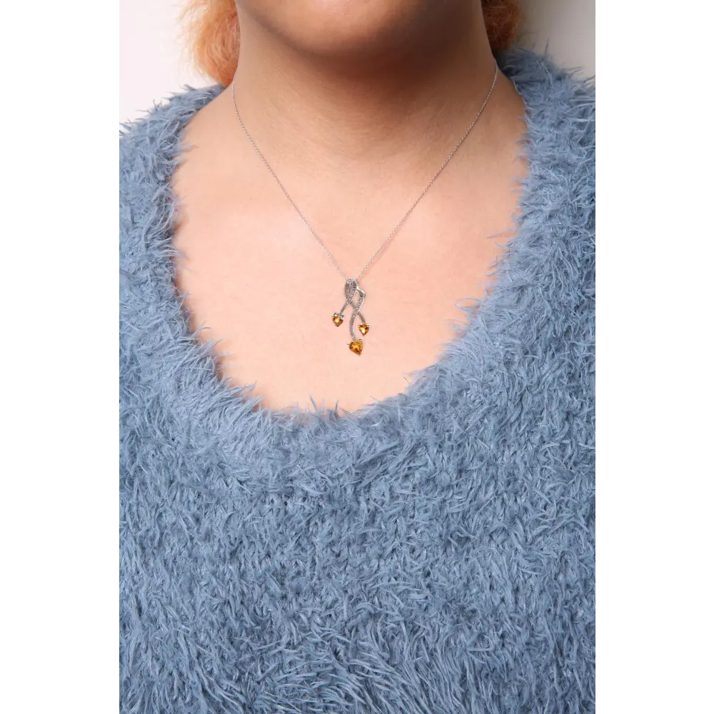 .925 Sterling Silver 3-Stone Heart Shape Citrine and Diamond Accent Spiral Drop 18" Pendant Necklace (H-I Color, SI1-SI2 Clarity) - Bijoux-NYC Direct