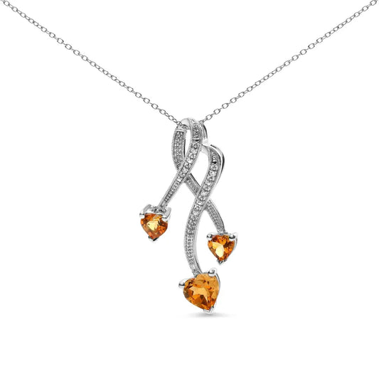 .925 Sterling Silver 3-Stone Heart Shape Citrine and Diamond Accent Spiral Drop 18" Pendant Necklace (H-I Color, SI1-SI2 Clarity) - Bijoux-NYC Direct