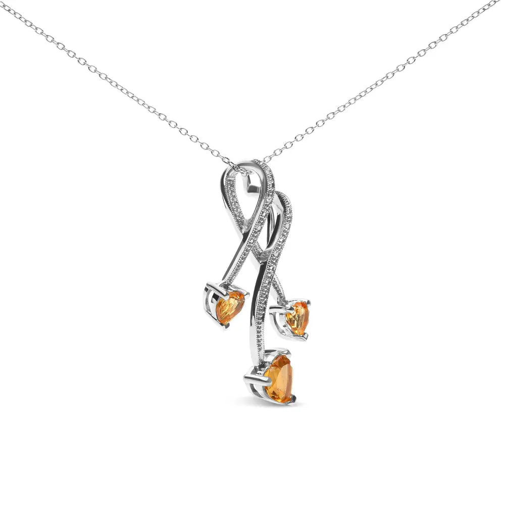 .925 Sterling Silver 3-Stone Heart Shape Citrine and Diamond Accent Spiral Drop 18" Pendant Necklace (H-I Color, SI1-SI2 Clarity) - Bijoux-NYC Direct