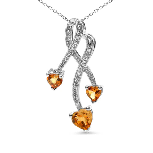 .925 Sterling Silver 3-Stone Heart Shape Citrine and Diamond Accent Spiral Drop 18" Pendant Necklace (H-I Color, SI1-SI2 Clarity) - Bijoux-NYC Direct