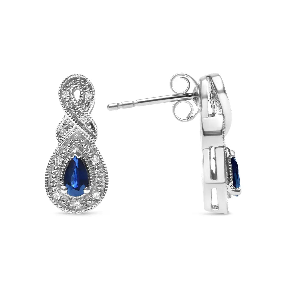 Sterling silver pear sapphire and diamond infinity drop stud earrings bijoux-nyc direct