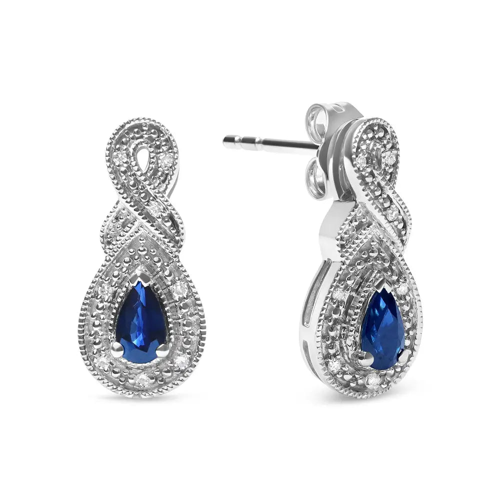 Sterling silver pear sapphire and diamond infinity drop stud earrings bijoux-nyc direct
