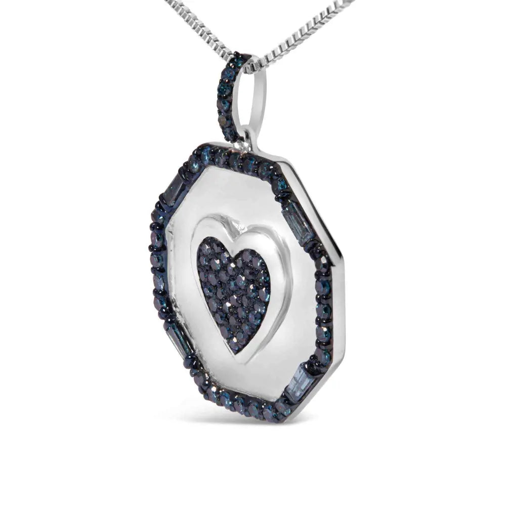 .925 sterling silver 5/8 cttw blue diamond mirror plate with heart and halo 18’’ pendant necklace (blue color i2 i3 clarity)