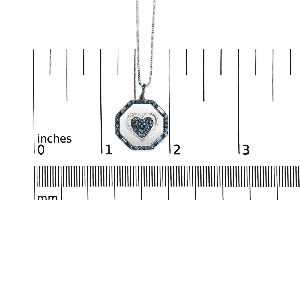 .925 sterling silver 5/8 cttw blue diamond mirror plate with heart and halo 18’’ pendant necklace (blue color i2 i3 clarity)