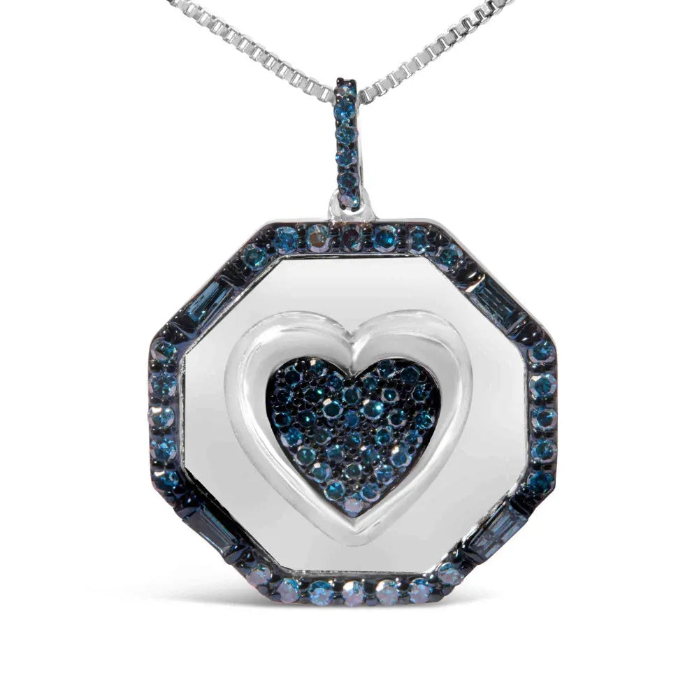 .925 sterling silver 5/8 cttw blue diamond mirror plate with heart and halo 18’’ pendant necklace (blue color i2 i3 clarity)