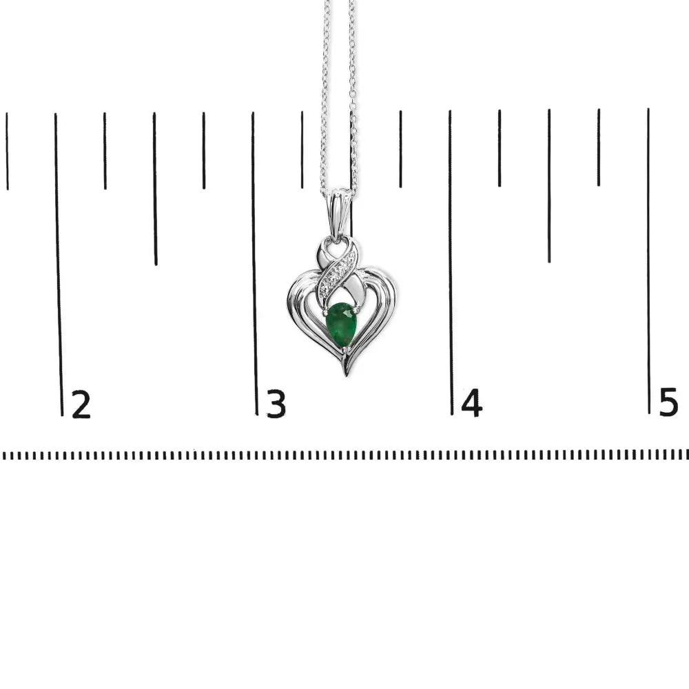 .925 Sterling Silver 6x4mm Pear Emerald and Diamond Accent Heart Pendant Necklace (H-I Color, SI1-SI2 Clarity) - 18 Inches - Bijoux-NYC Direct