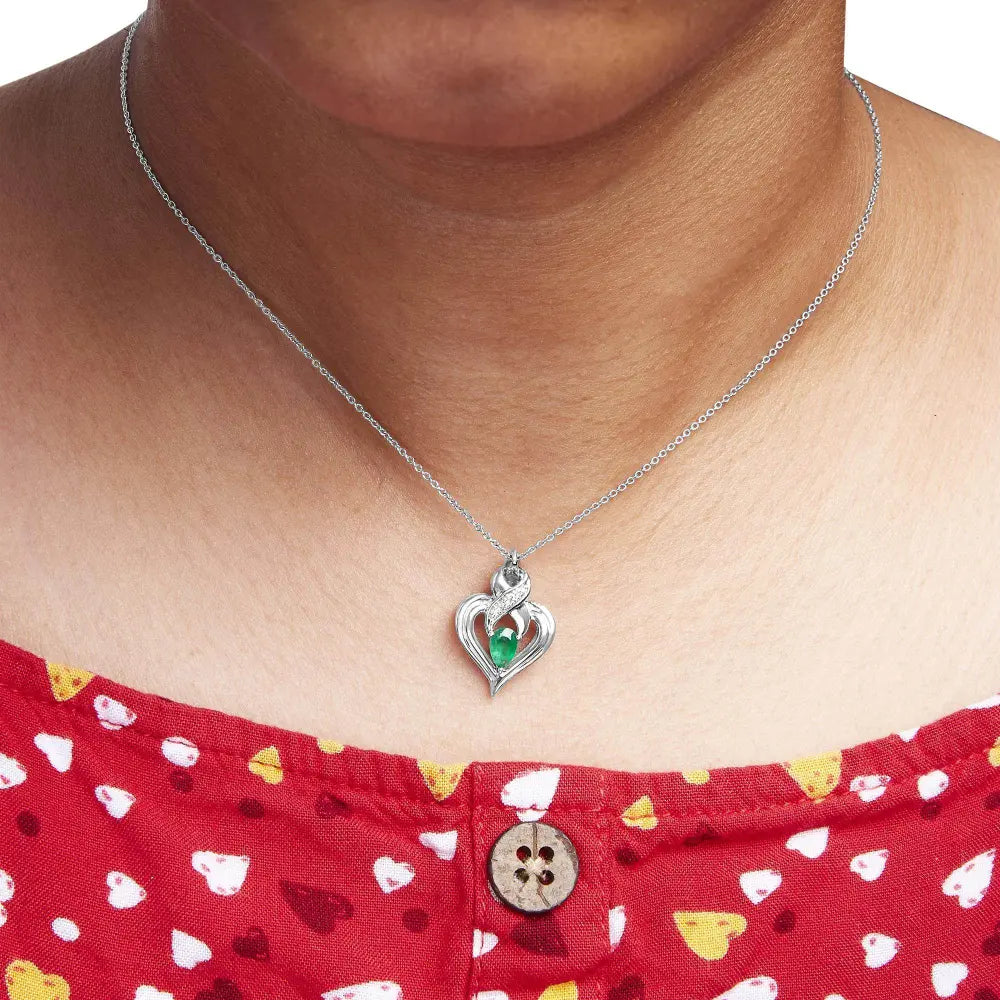 .925 Sterling Silver 6x4mm Pear Emerald and Diamond Accent Heart Pendant Necklace (H-I Color, SI1-SI2 Clarity) - 18 Inches - Bijoux-NYC Direct