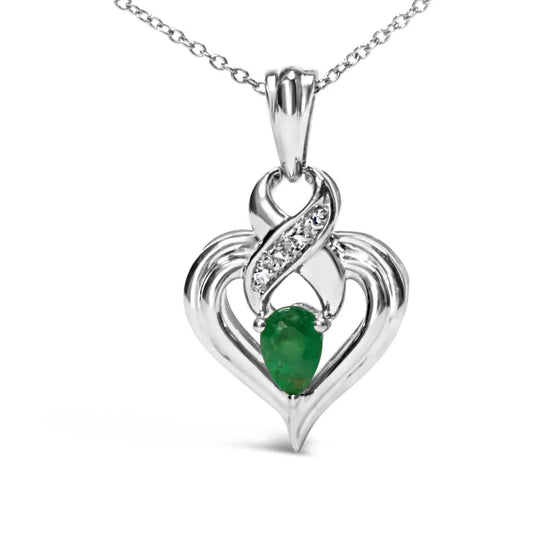 .925 Sterling Silver 6x4mm Pear Emerald and Diamond Accent Heart Pendant Necklace (H-I Color, SI1-SI2 Clarity) - 18 Inches - Bijoux-NYC Direct